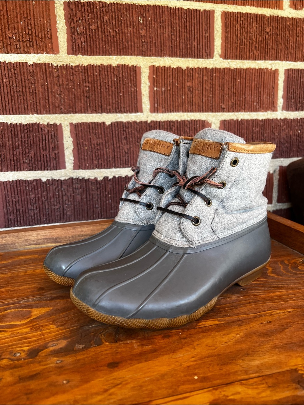 Sperry Kids Gray Wool-Top Duck Boots with Brown Trim